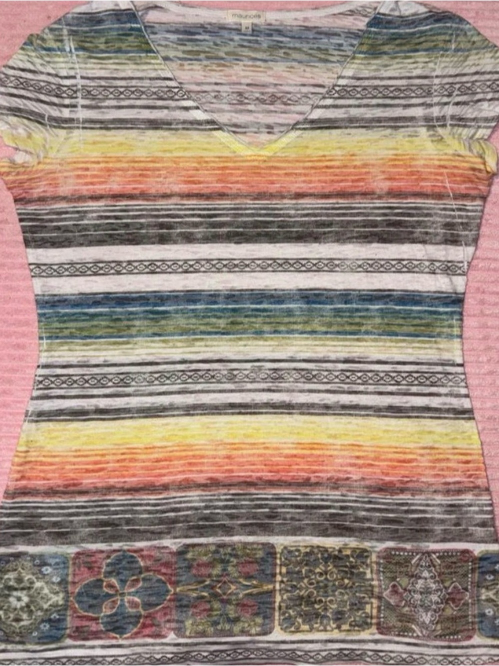 Maurices Multicolor Striped V-Neck Tee - Yellow, Orange, Blue, Gray